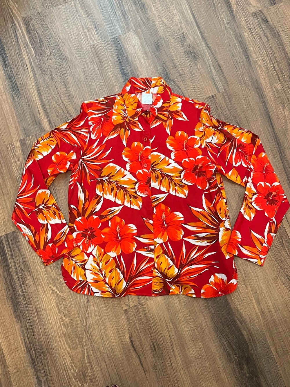 Vintage Avon Floral Hibiscus Blouse Women’s Sz Small Button Up Tropical Hawaiian